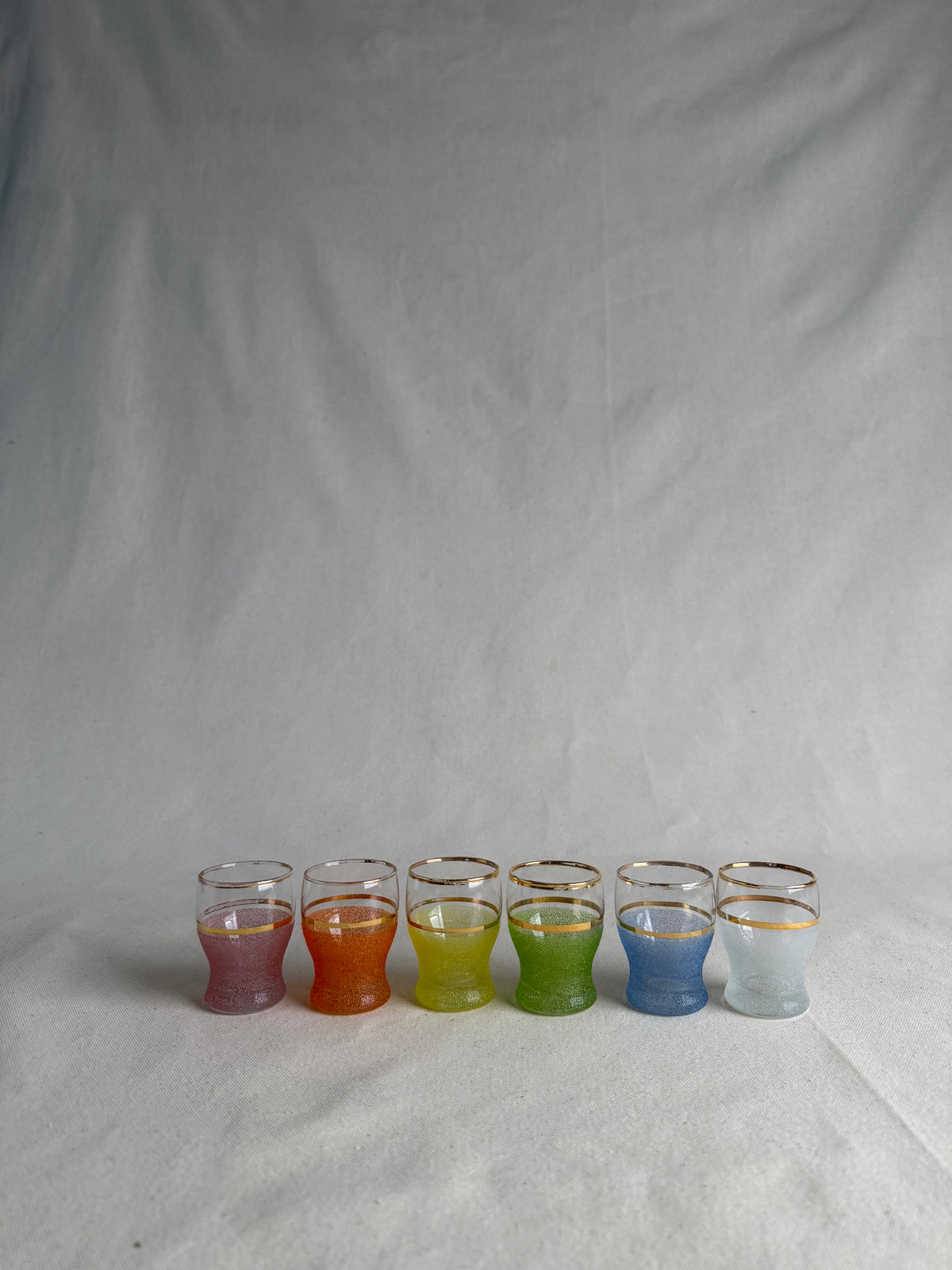 Set of 6 Vintage Multicolour Sugar-Frosted Gold-Rim Cocktail Glasses, c. 1950s–60s