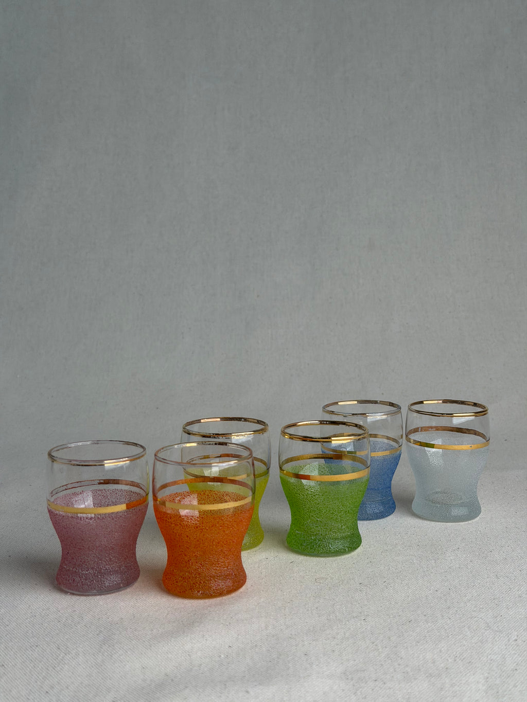 Set of 6 Vintage Multicolour Sugar-Frosted Gold-Rim Cocktail Glasses, c. 1950s–60s