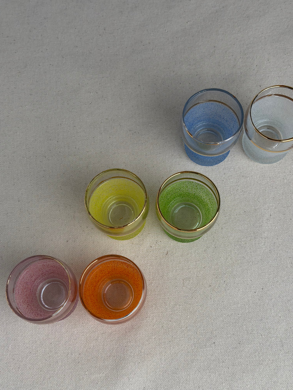 Set of 6 Vintage Multicolour Sugar-Frosted Gold-Rim Cocktail Glasses, c. 1950s–60s