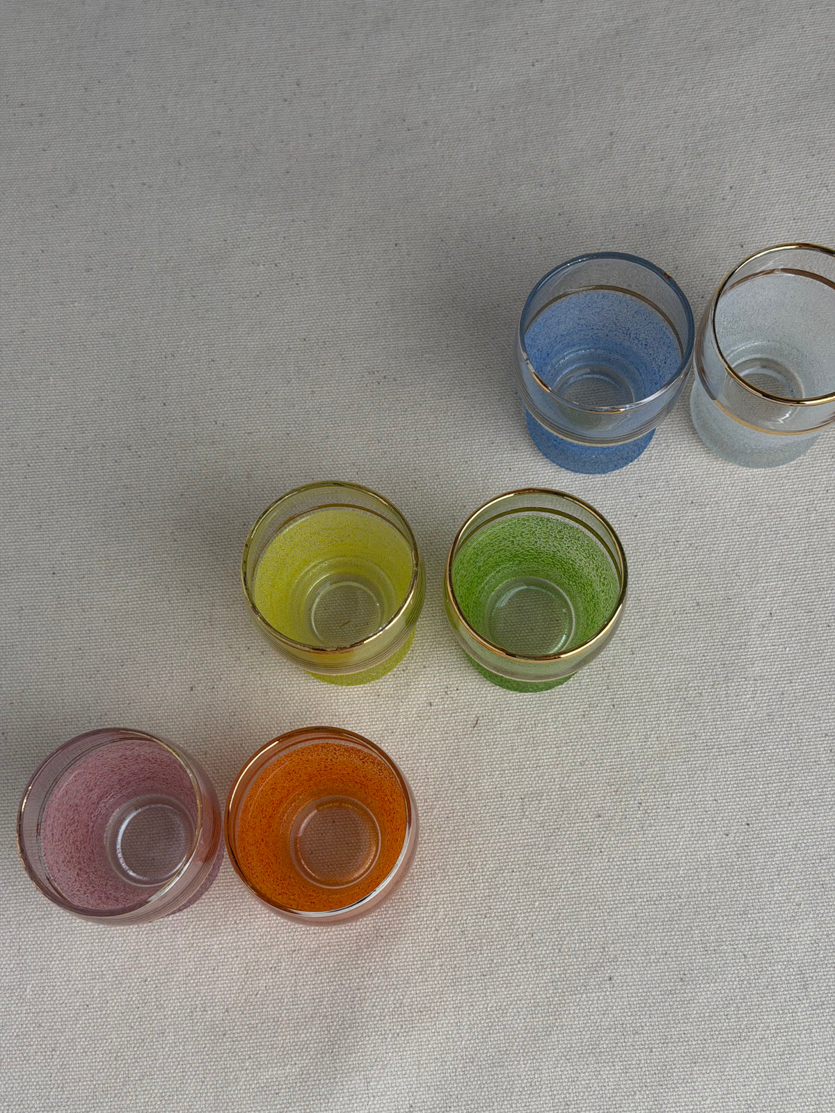 Set of 6 Vintage Multicolour Sugar-Frosted Gold-Rim Cocktail Glasses, c. 1950s–60s