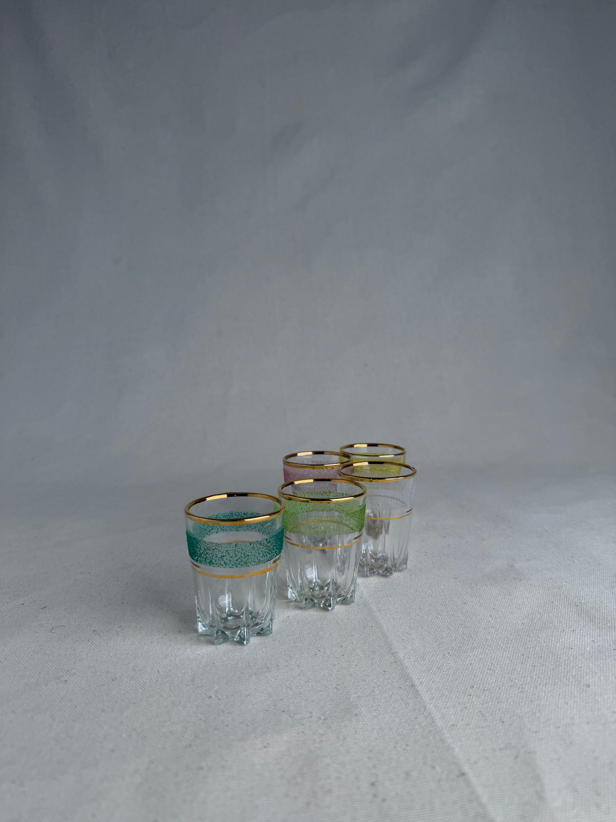 Set of 5 Vintage French Sugar-Frosted Gold-Rim Shot Glasses, c. 1950s–60s