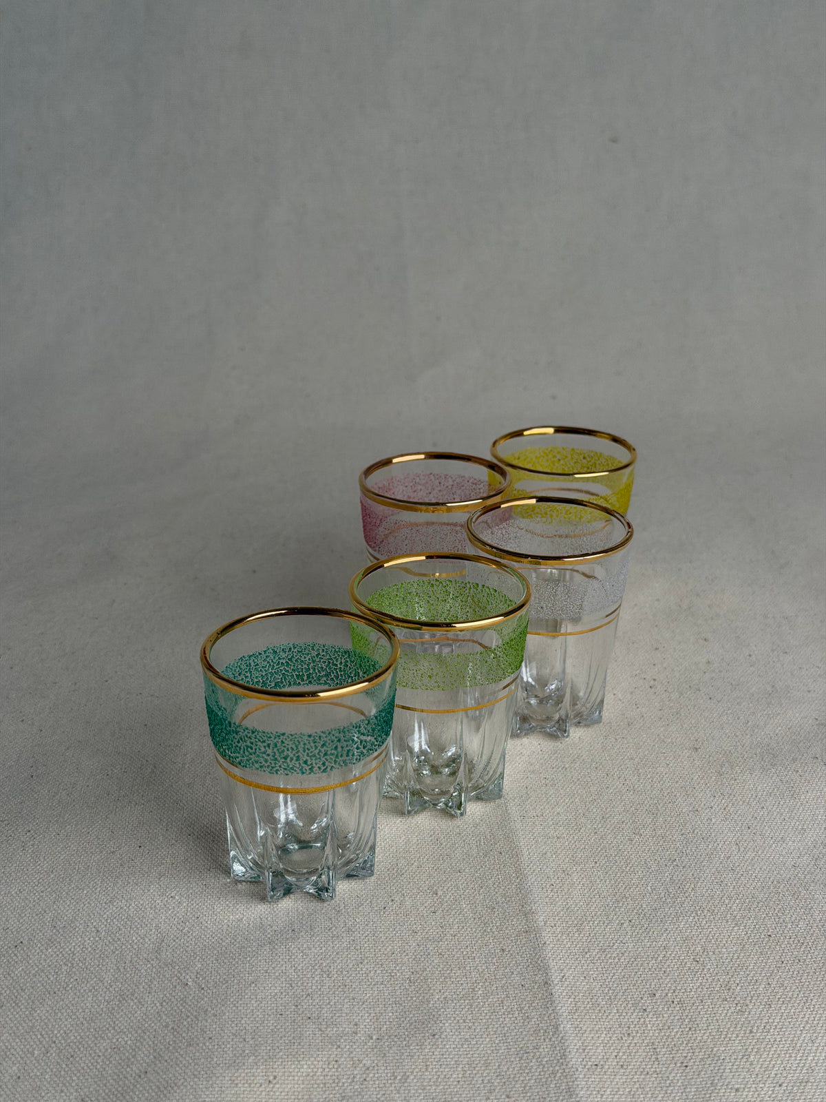Set of 5 Vintage French Sugar-Frosted Gold-Rim Shot Glasses, c. 1950s–60s