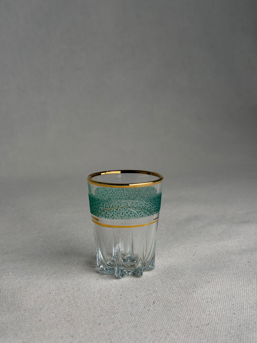 Set of 5 Vintage French Sugar-Frosted Gold-Rim Shot Glasses, c. 1950s–60s