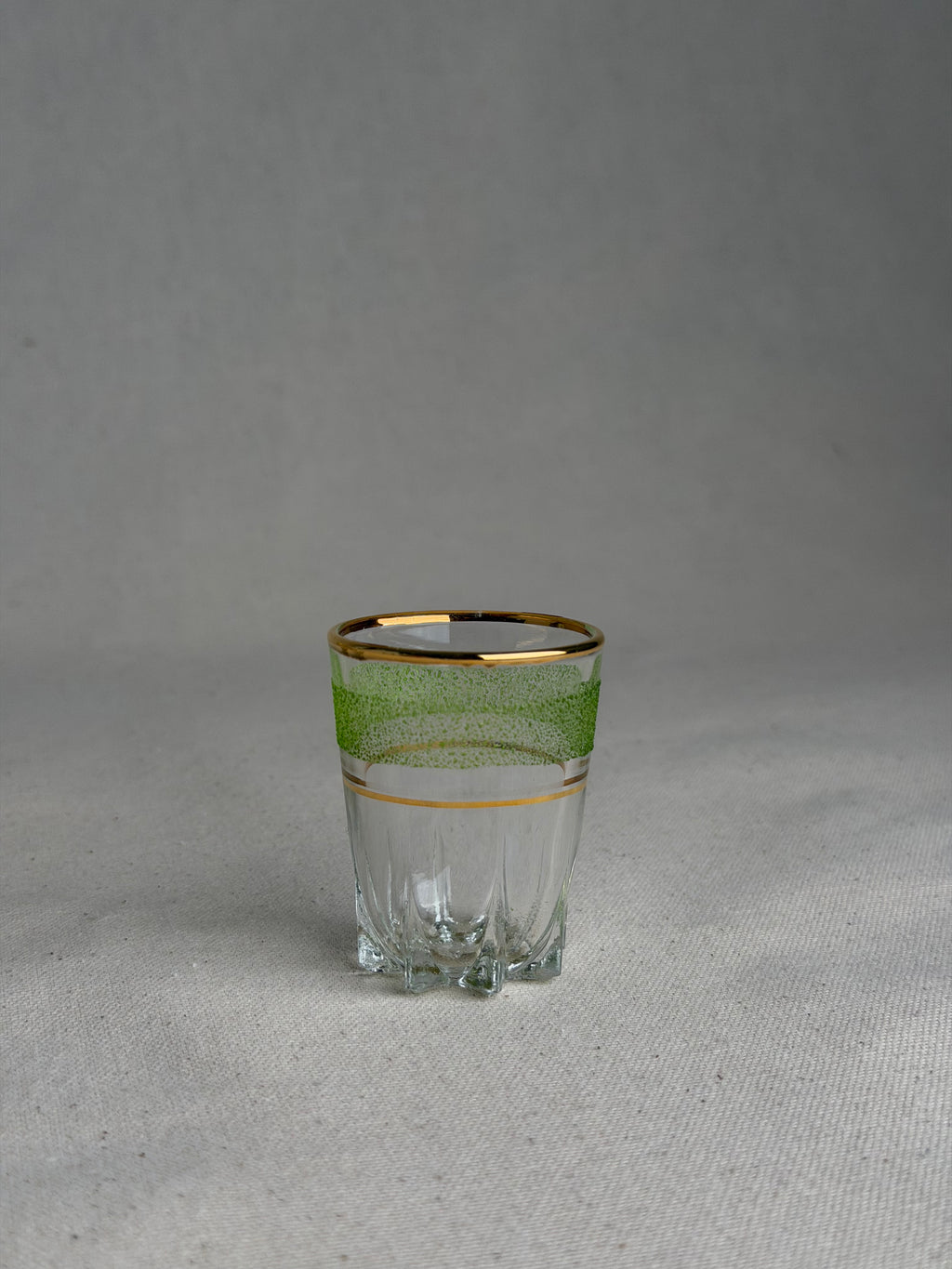 Set of 5 Vintage French Sugar-Frosted Gold-Rim Shot Glasses, c. 1950s–60s