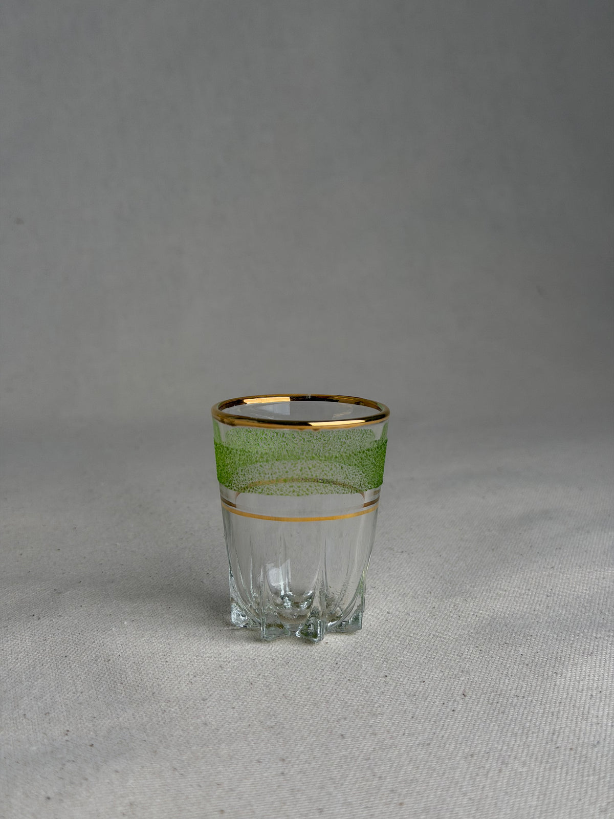 Set of 5 Vintage French Sugar-Frosted Gold-Rim Shot Glasses, c. 1950s–60s