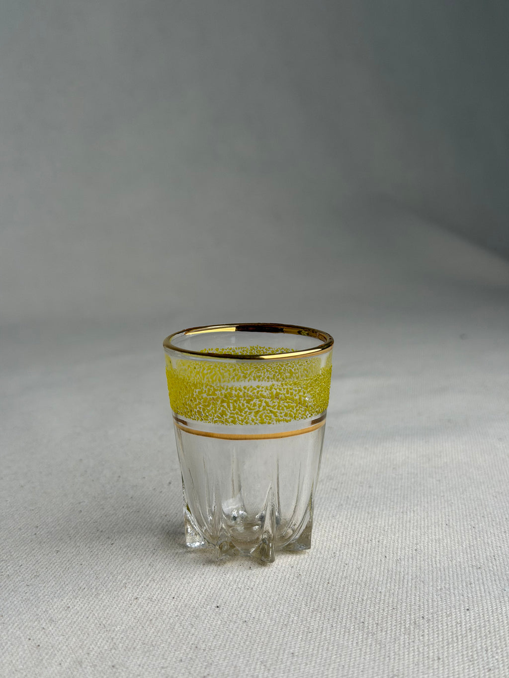 Set of 5 Vintage French Sugar-Frosted Gold-Rim Shot Glasses, c. 1950s–60s