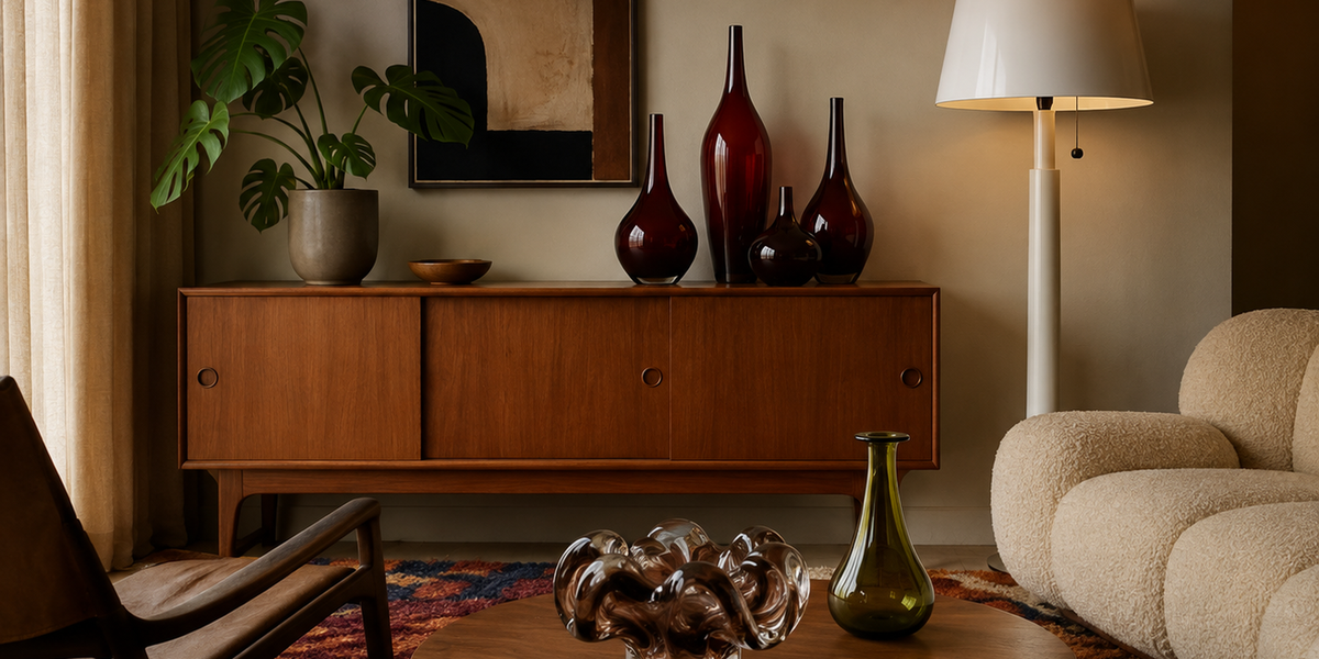 A mid-century modern wooden sideboard cabinet in a warm brown finish, styled in a cozy living room with dark glass vases, a potted plant, a floor lamp, and a textured beige armchair.